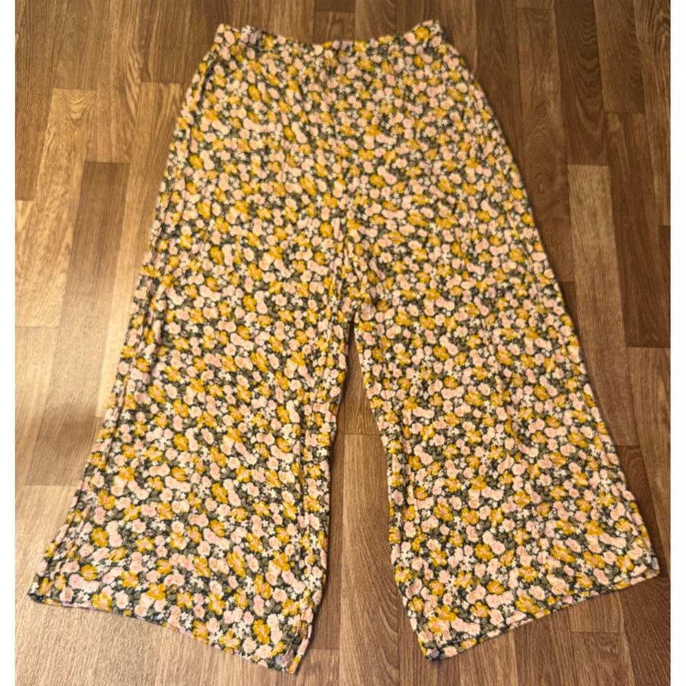 American Eagle Floral Wide Leg Pants Large Yellow Pink Viscose 2125-6149-77